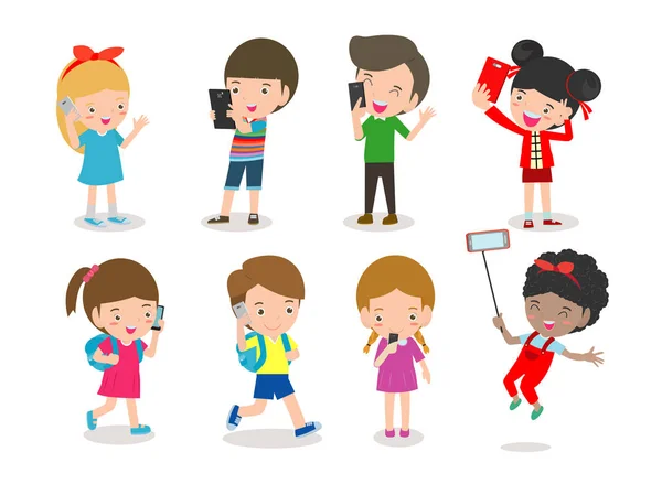 Vício Smartphones Crianças Com Smartphone Crianças Com Celular Menino Menina —  Vetores de Stock