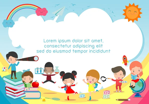 Torna Scuola Scuola Bambini Concetto Istruzione Bambini Libri Modello Brochure — Vettoriale Stock