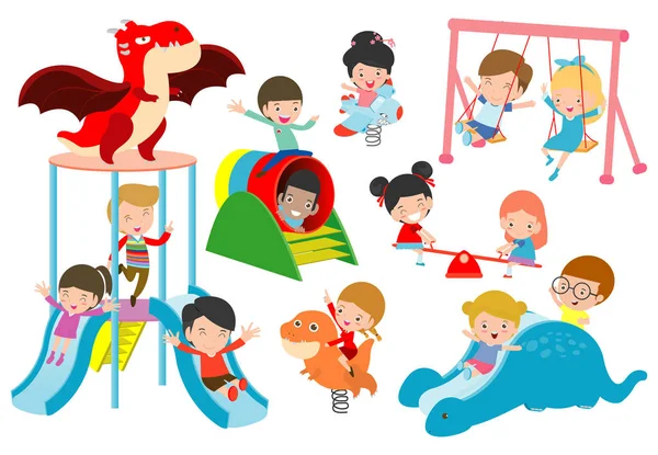 Kids Playing Child Playing Playground Happy Children Playing Park Vector — Stock Vector