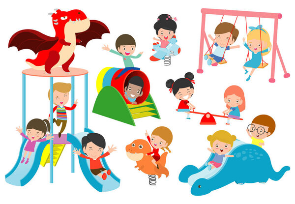 kids playing Outside, child playing at playground,happy children playing park Vector illustration