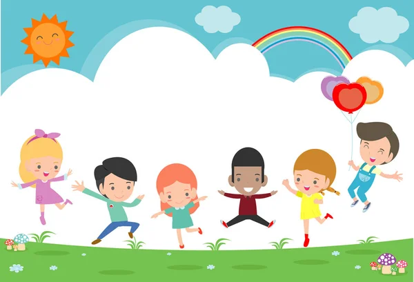 Kinderen Springen Speelplaats Springen Kinderen Met Vreugde Happy Cartoon Kind — Stockvector