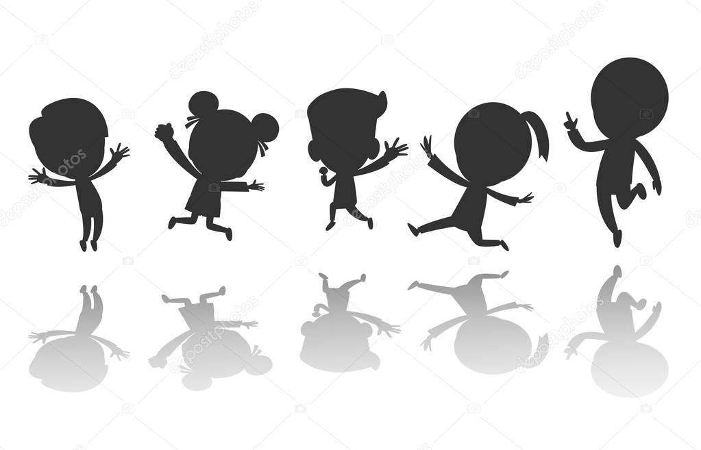 Group of black children silhouette jumping, Child silhouettes dancing, Kids silhouettes jumping on white background Vector illustration