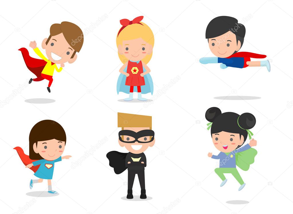 Cartoon vector illustration of Kid Superheroes wearing comics costumes,Kids With Superhero Costumes set, kids in Superhero costume characters isolated on white background, Cute little Superhero child