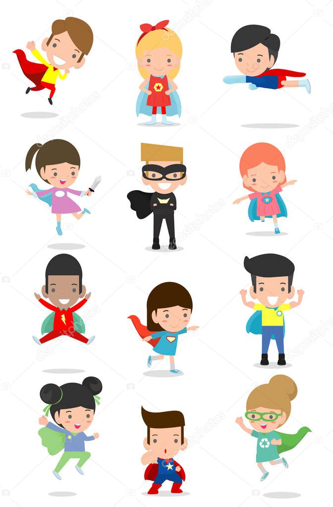 Cartoon big set of Kid Superheroes wearing comics costumes,Kids With Superhero Costumes set, kids in Superhero costume characters isolated on white background, Cute little Superhero Children