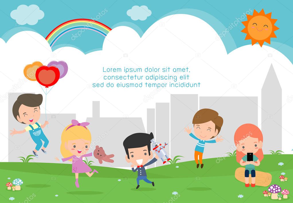 Vector Illustration Of Kids Playing Outside, happy children Playing park