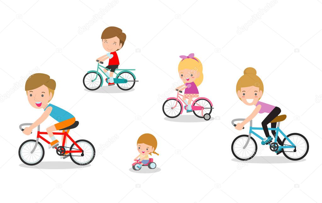 Set of diverse family riding bikes isolated on white background. Happy family riding bikes isolated on white background, Sports family Vector illustration