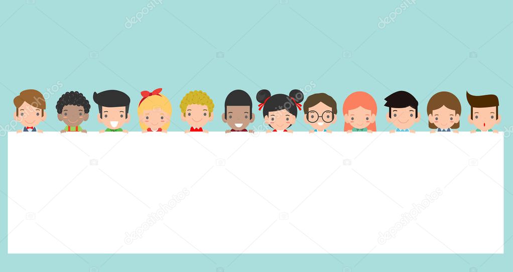 Kids peeping behind placard Isolated on background Ready for your text, Ready for your message. In the style of children's flat Vector illustration.