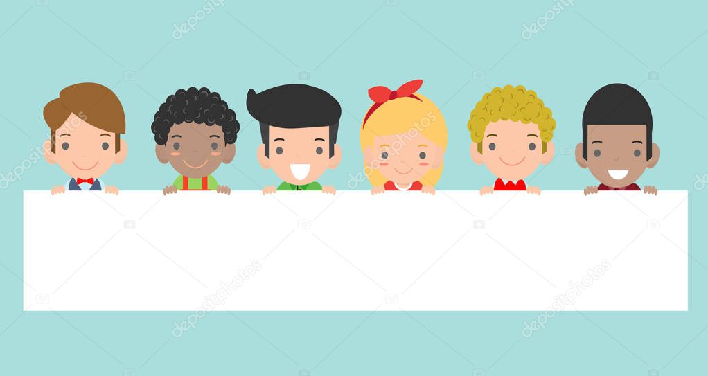 Kids peeping behind placard Isolated on background Ready for your text, Ready for your message. In the style of children's flat Vector illustration.