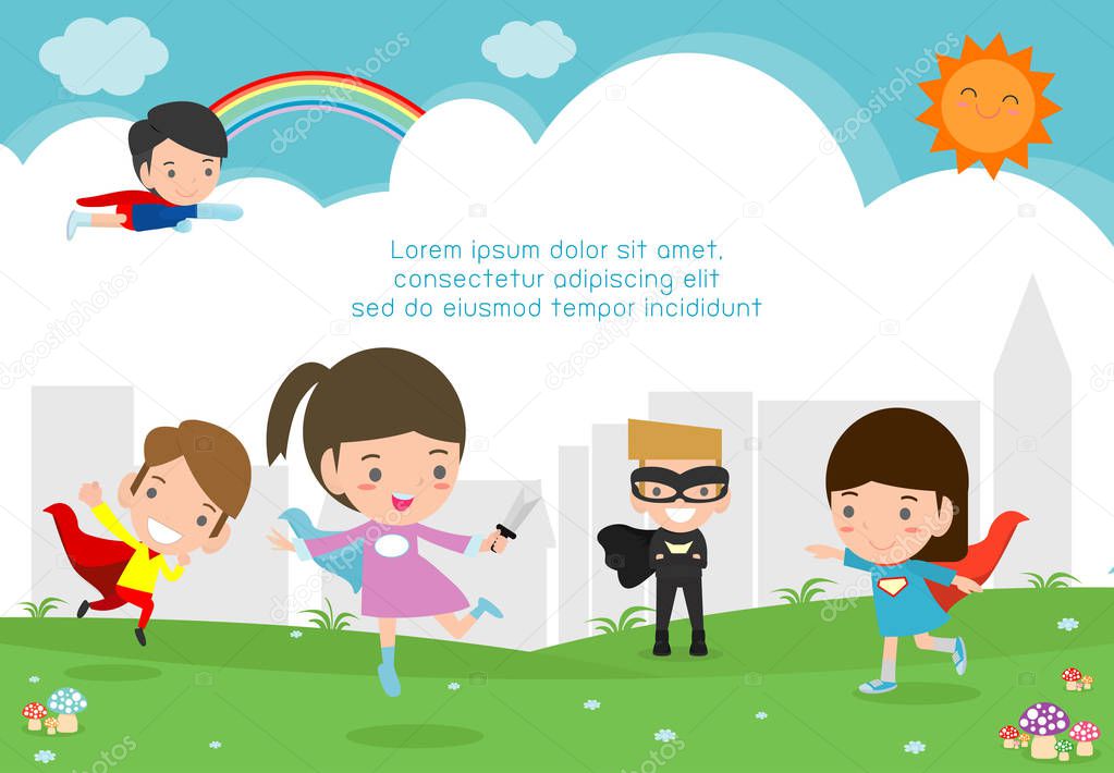 superhero kids at playground, Template for advertising brochure,your text,Vector Illustration