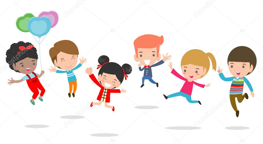 jumping kids, Multi-ethnic children jumping, child jumping with joy , happy jumping kids, happy cartoon child playing, Kids playing on white background , kids jamp,Vector illustration