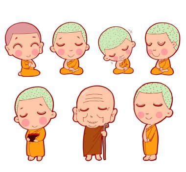 Budist rahipler meditasyon oturan. Budist rahip, Budist keşiş karakter karikatür, Monk kümesi, çocuk acemi genç yetişkin ve üst düzey. Sevimli çizgi Tibet rahipleri illüstrasyon vektör