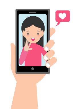 Sevilen ile görüntülü görüşme. Erkek el Smartphone grilfriend ile ekran üzerinde tutarak. Online dating, uzun mesafe ilişkisi kavramı. Çift Messenger'da konuşuyor. Düz çizgi film vektör çizim.