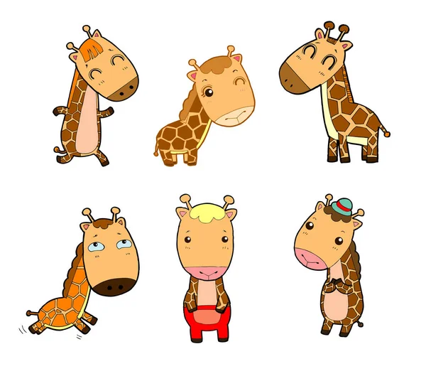 Set Funny Cartoon Giraffe White Background Vector Illustration Cute Cartoon — Stock Vector