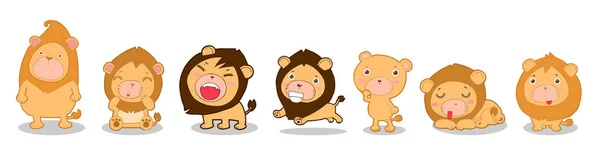 Uppsättning Rolig Tecknad Lionen Vit Bakgrund Vektorillustration Söta Tecknade Lejon — Stock vektor