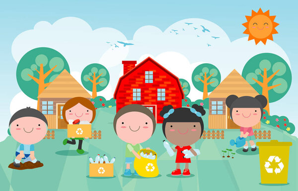 Дети собирают мусор для переработки, Дети сегрегации мусор, спасти мир, шаблон для рекламной брошюры, мальчик и девочка утилизации плакат векторной иллюстрации
