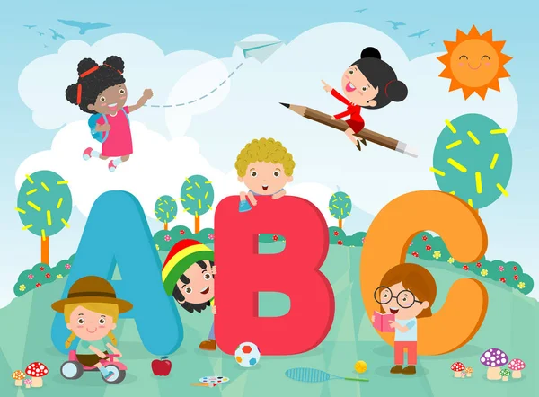 Bambini Dei Cartoni Animati Con Lettere Abc Bambini Delle Scuole — Vettoriale Stock