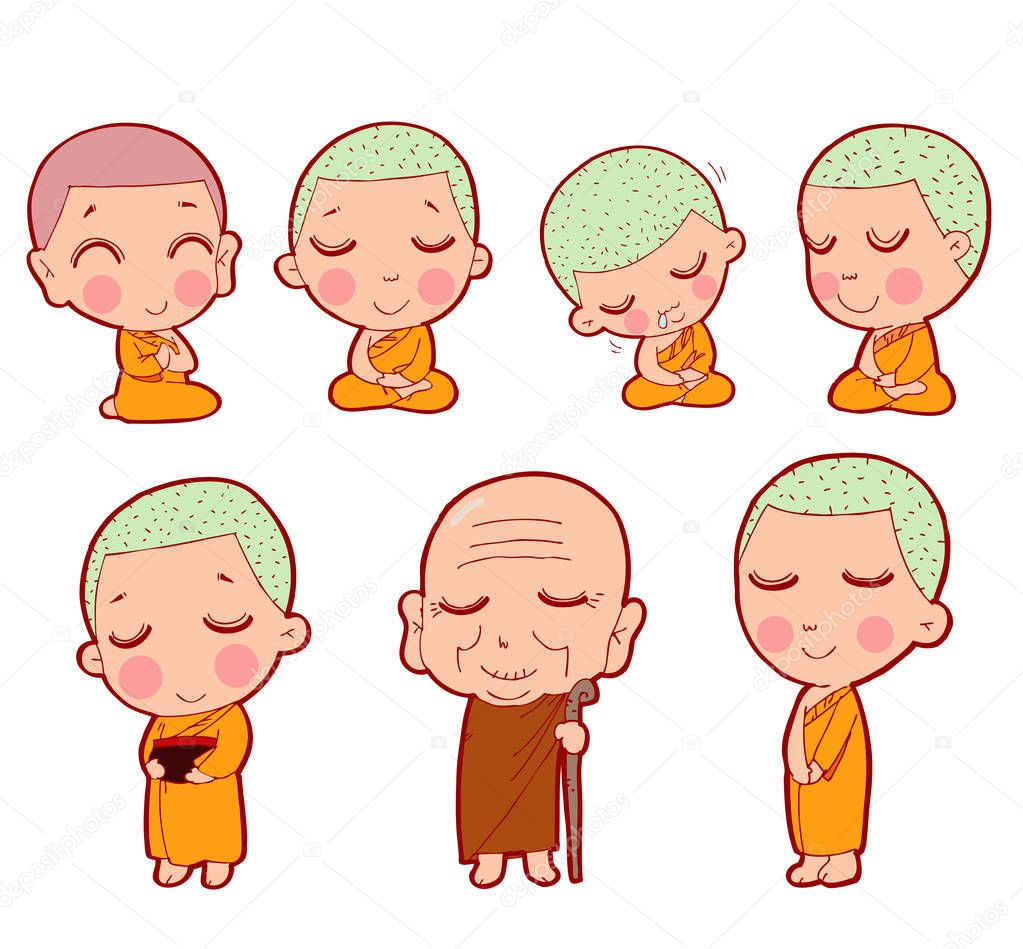 Buddhist monks sitting in meditation. Buddhist Monk Character, Buddhist Monk cartoon, Monk set, Child novice young adult and senior. Cute cartoon tibetan monks vector illustration