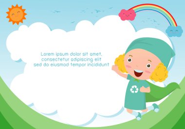 Süper kahraman çocuk arka plan üzerinde. Reklam broşürü, metniniz için şablon. Sevimli küçük süper kahraman çocuk. Çocuklar ve çerçeve, çocuk ve çerçeve. Vektör