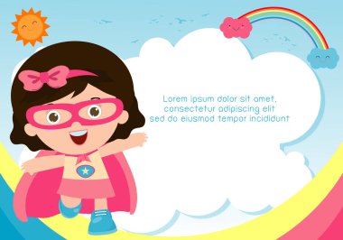 Süper kahraman çocuk arka plan üzerinde. Reklam broşürü, metniniz için şablon. Sevimli küçük süper kahraman çocuk. Çocuklar ve çerçeve, çocuk ve çerçeve. Vektör