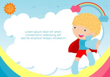 Süper kahraman çocuk arka plan üzerinde. Reklam broşürü, metniniz için şablon. Sevimli küçük süper kahraman çocuk. Çocuklar ve çerçeve, çocuk ve çerçeve. Vektör