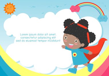 Süper kahraman çocuk arka plan üzerinde. Reklam broşürü, metniniz için şablon. Sevimli küçük süper kahraman çocuk. Çocuklar ve çerçeve, çocuk ve çerçeve. Vektör