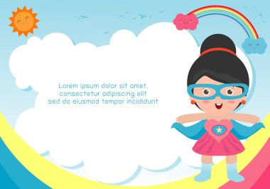 Süper kahraman çocuk arka plan üzerinde. Reklam broşürü, metniniz için şablon. Sevimli küçük süper kahraman çocuk. Çocuklar ve çerçeve, çocuk ve çerçeve. Vektör