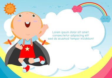 Süper kahraman çocuk arka plan üzerinde. Reklam broşürü, metniniz için şablon. Sevimli küçük süper kahraman çocuk. Çocuklar ve çerçeve, çocuk ve çerçeve. Vektör