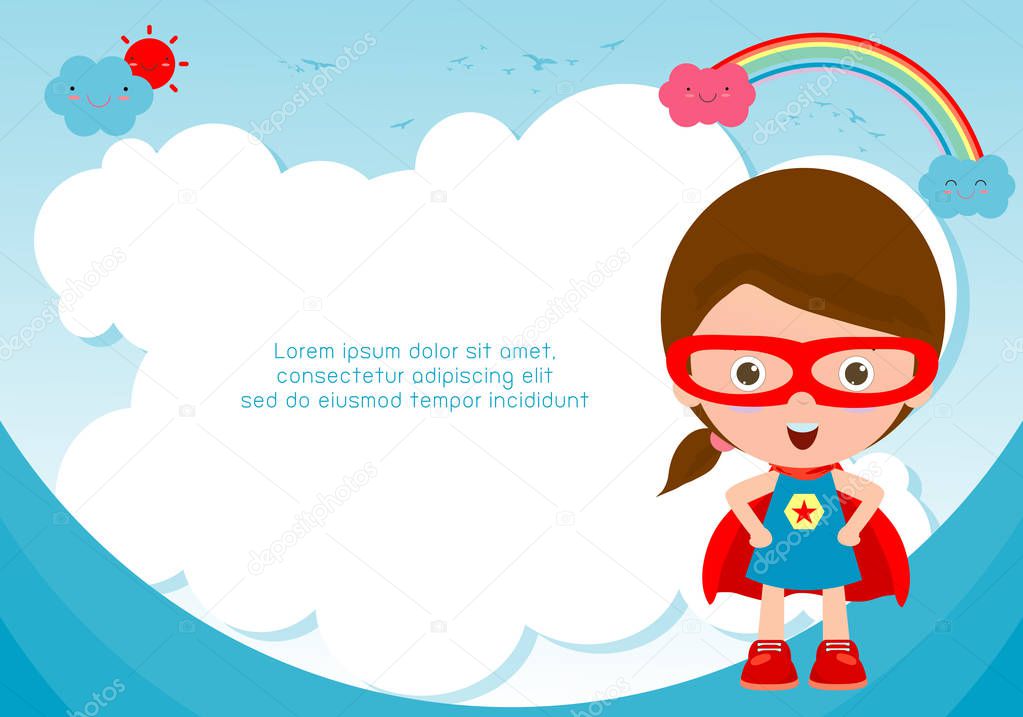 Superhero kid on background. Template for advertising brochure, your text. Cute little Superhero Children's. Kids and frame, child and frame. Vector
