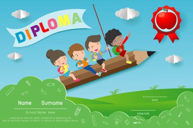 Anaokulu ve ilköğretim sertifikaları, okul öncesi çocuk diploması tasarım şablonu, anaokulu öğrencileri için diploma şablonu, çocuk diploması, vektör ilüstrasyonu