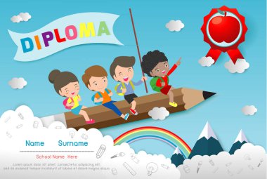 Anaokulu ve ilköğretim sertifikaları, okul öncesi çocuk diploması tasarım şablonu, anaokulu öğrencileri için diploma şablonu, çocuk diploması, vektör ilüstrasyonu