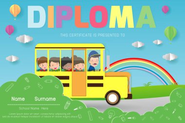 Anaokulu ve ilköğretim sertifikaları, okul öncesi çocuk diploması tasarım şablonu, anaokulu öğrencileri için diploma şablonu, çocuk diploması, vektör ilüstrasyonu
