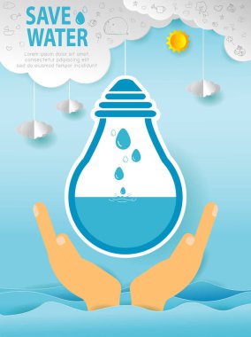 Dünya Su günü kurtarmak su kavramı, kaydetmek Water, su koruma kavramı, ekoloji kağıt kağıt sanat stil vektör çizim arka plan üzerinde izole kesmek 