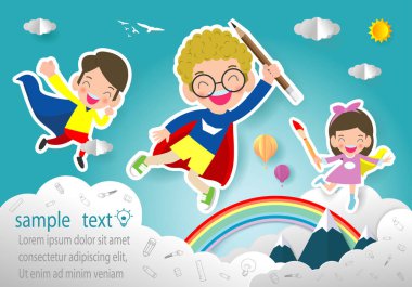 Süper kahraman çocuk, kağıt sanat stil vektör illüstrasyon izole arka plan şablonu için reklam broşürü, metninizi, şirin küçük süper kahraman çocuk'ın üzerinde