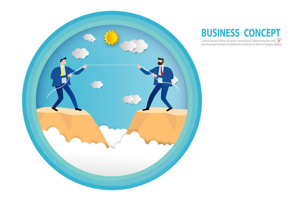 Бизнесмен в костюме тянет веревку на краю обрыва. Конкуренция Конкуренция соперничество, цели, успех, стиль бумажного искусства, люди бизнес-концепция вектор плоский дизайн иллюстрации
 