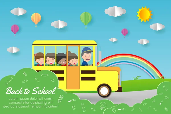 Arte Papel Volta Escola Crianças Ônibus Escolar Conceito Educação Ilustração —  Vetores de Stock
