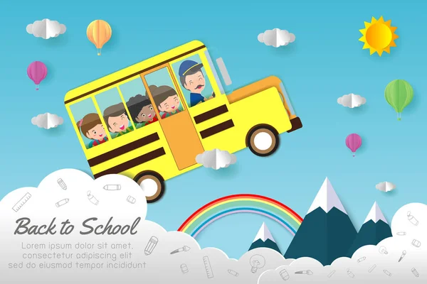 Arte Papel Volta Escola Crianças Ônibus Escolar Conceito Educação Ilustração —  Vetores de Stock