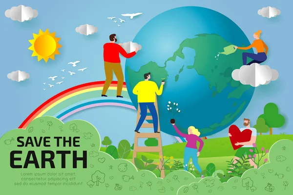 Paper Art Nál Kis Emberek Felkészülni Környezet Menteni Bolygót Megmenteni — Stock Vector