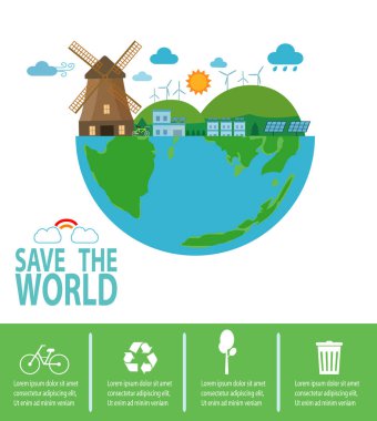 Dünya günü, geri dönüşüm, Çevre Dostu, ekoloji kavramı, beyaz arka plan vektör çizim üzerinde izole dünya Infographic gezegen, Kaydet Kaydet