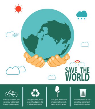 Dünya günü, geri dönüşüm, Çevre Dostu, ekoloji kavramı, beyaz arka plan vektör çizim üzerinde izole dünya Infographic gezegen, Kaydet Kaydet