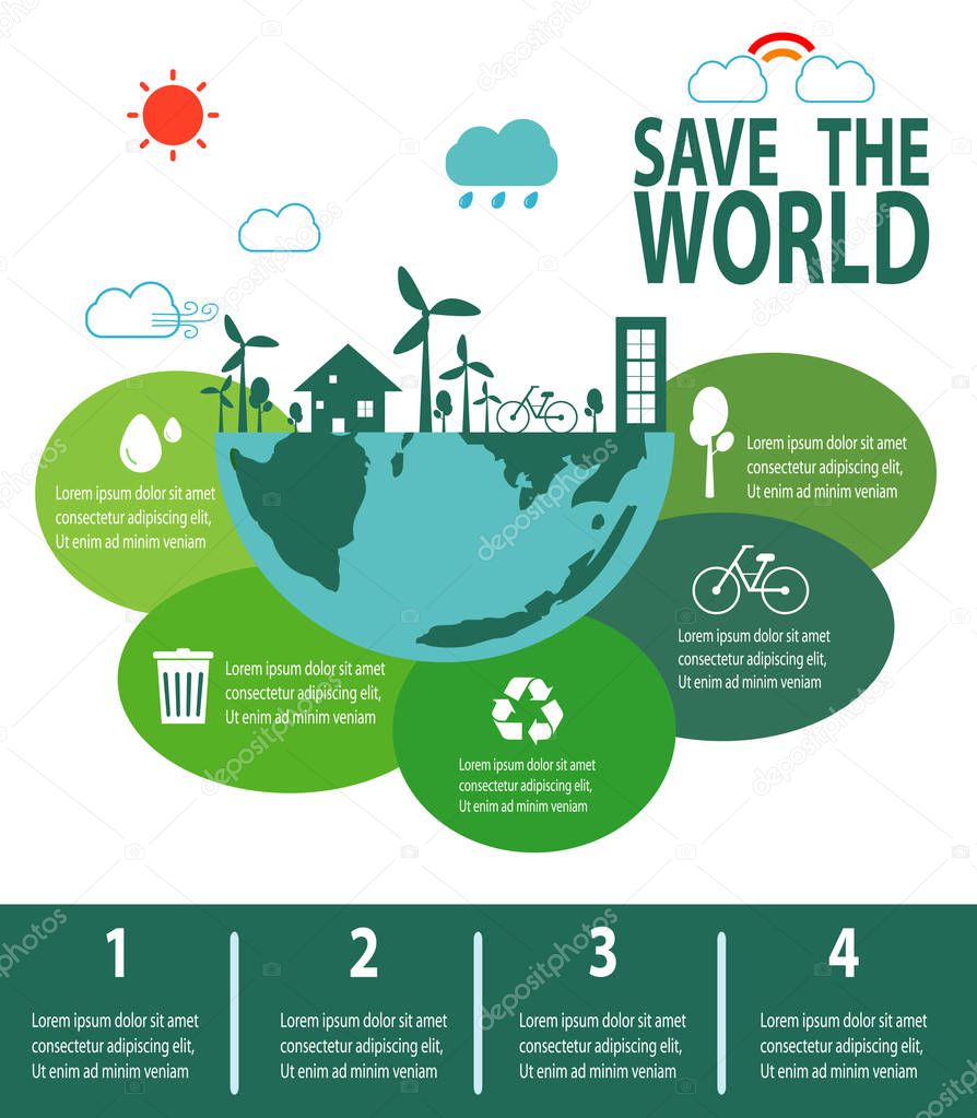 Save the world infographic, save planet, Earth Day,recycling, Eco friendly, ecology concept, isolated on white background vector illustration