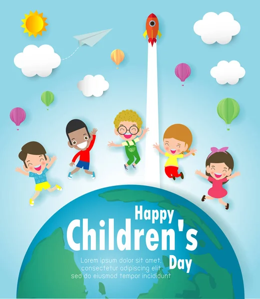 Gelukkige Kinderen Dag Achtergrond Groep Van Kinderen Springen Wereldbol Papier — Stockvector