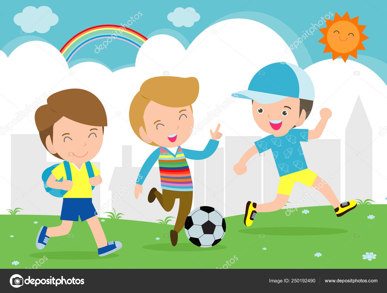 Crianças jogando futebol no parque ilustração vetorial de desenho cartazes  para a parede • posters jovem, branco, vetor