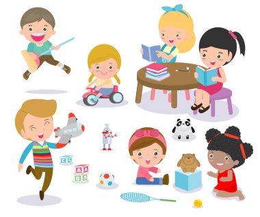 Mutlu okul çocukları sınıfta, anaokulu, çocuk aktivite oynama, eğitim, vektör Illustratio kitap, okuma grubu