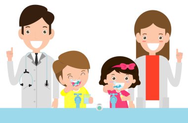 Çocuklar diş fırçalama, doktor ve çocuklar Illustration. Çocuklara iyi bak birlikte ayakta doktor ve diş temiz. çizgi film karakterleri - vektör