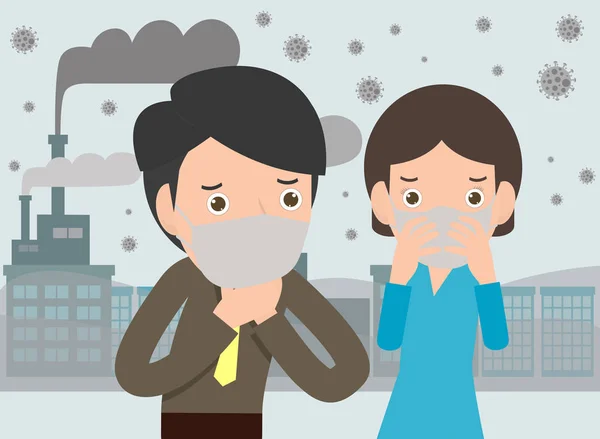 People in masks because of fine dust PM 2.5 , man and woman wearing mask against smog. Fine dust, air pollution, industrial smog protection concept flat style design vector illustration.