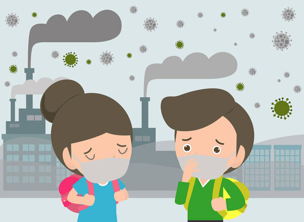 kids in masks because of fine dust PM 2.5, boy and girl wearing mask against smog. Fine dust, air pollution, industrial smog protection concept flat style design vector illustration.
