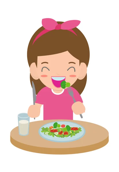 Ευτυχισμένος Κορίτσι Χαριτωμένο Κινούμενα Τρώγοντας Σαλάτα Υγιεινά Τρόφιμα Φυτικής Και — Διανυσματικό Αρχείο