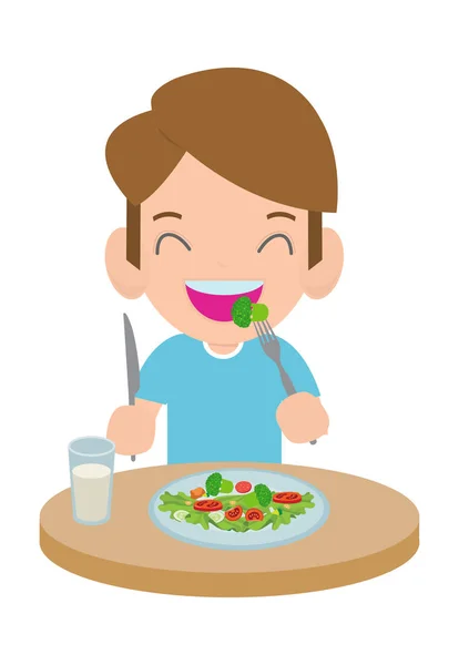 可爱的卡通快乐男孩吃沙拉 健康的蔬菜食品和儿童病媒例证 — 图库矢量图片