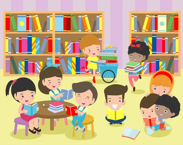 Niños Felices Leyendo Libros Una Biblioteca Niños Lindos Leyendo Libros — Vector de stock