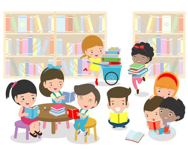 Glada Barn Läsa Bok Ett Bibliotek Söta Barn Läsa Böcker — Stock vektor